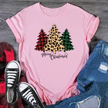 

Merry Christmas Letter Printed Short-sleeved Women T-shirt Cartoon Three-color Christmas Tree Graphic Tee Casual Holiday tshirt