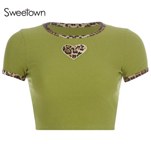 green Sweetown/Новинка года; милая верхняя футболка в стиле пэчворк с леопардовым принтом; красные летние топы с круглым вырезом и короткими рукавами в винтажном стиле; Kawaii; уличная одежда - Цвет: green