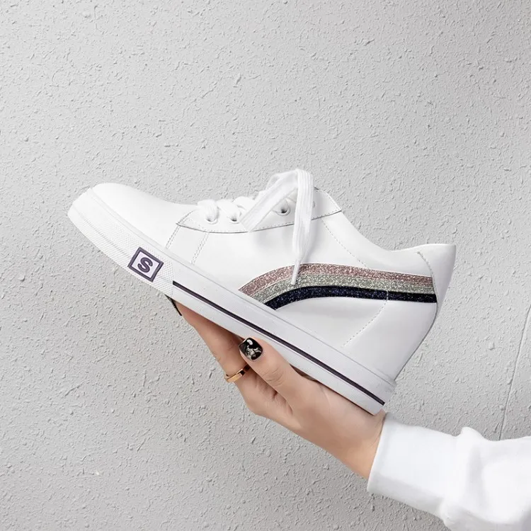 

Korean-style Spring And Autumn Comfortable Platform WOMEN'S Shoes Slanted Heel inside And Pure Leather White Shoes Lace-up Sequi