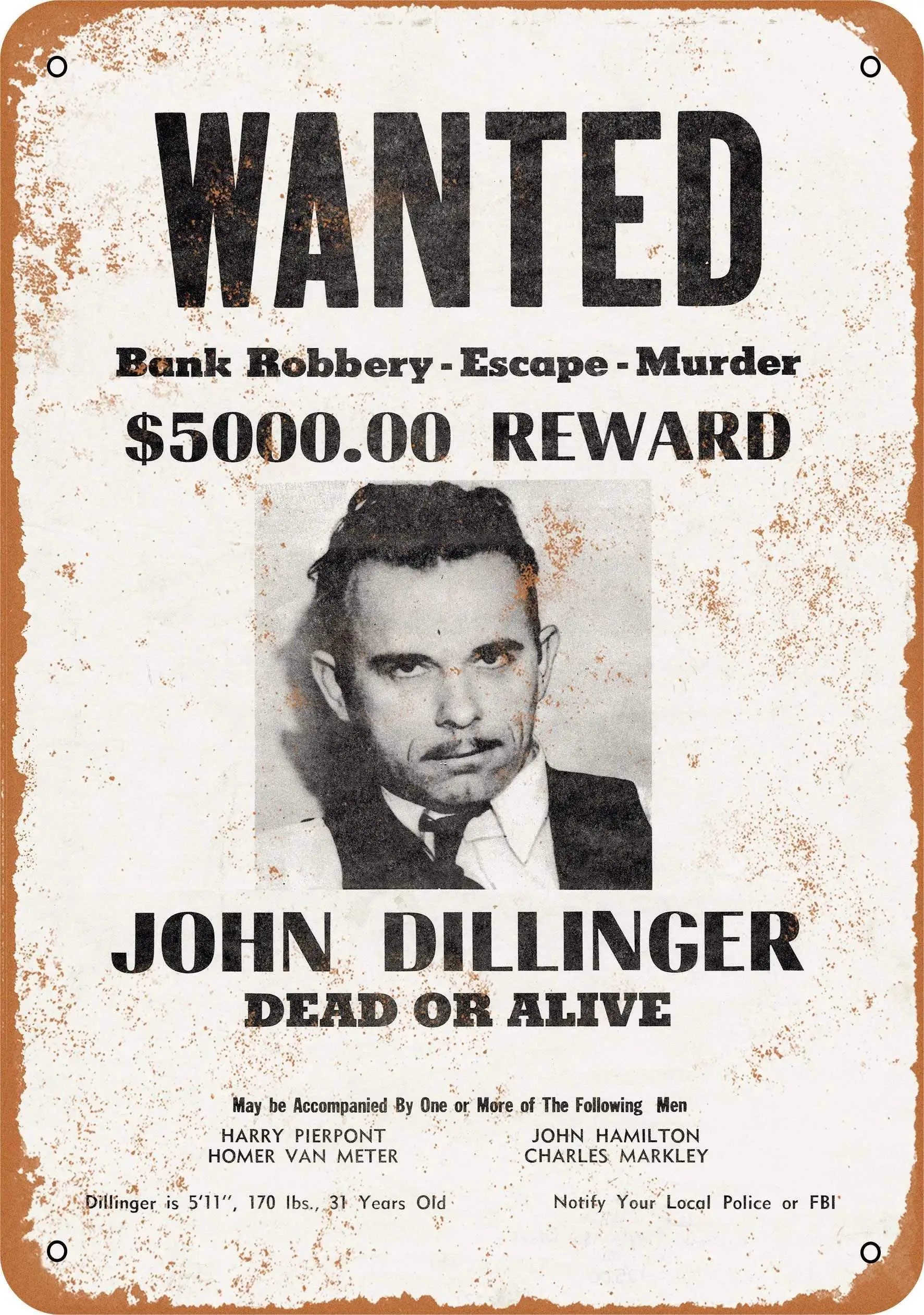 

Metal Tin Sign, 1934 John Dillinger Wanted Poster Vintage Wall Plaque Man Cave Poster Decorative Sign Home Decor for Indoor