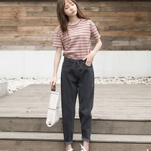 Черные джинсы женская одежда простая Осенняя Высокая талия Твердые девять брюки женские Harajuku плотно прилегающая пуговица плюс размер шаровары женские