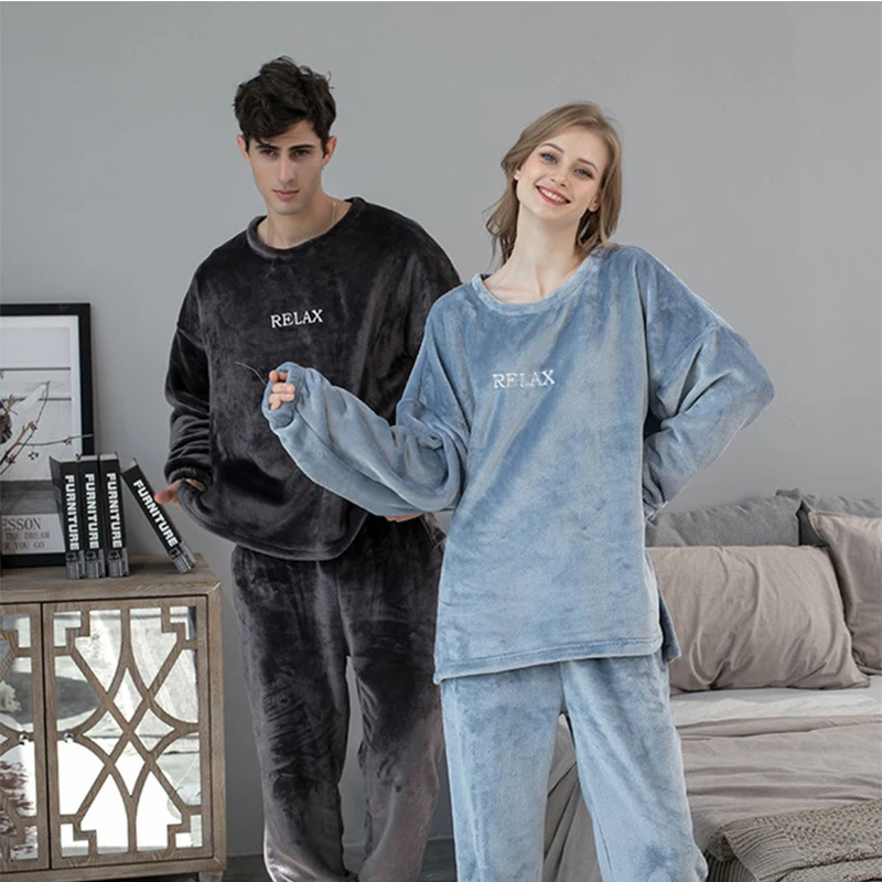 Winter Coral Fleece Sleep Tops Black Flannel Pajamas Set Women Man Thick  Plush Warm Girl Gift Plus Velvet Hooded Homewear