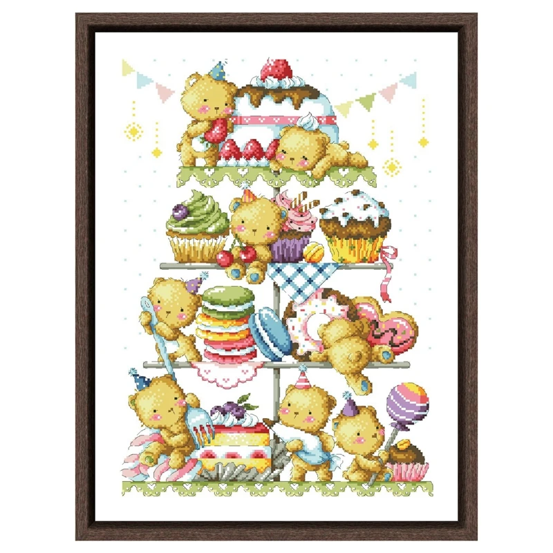 Making Cakes Cross Stitch Cartoon Bear Tower 18ct 14ct 11ct White Fabric Cotton Thread Embroidery DIY Handmade Needlework