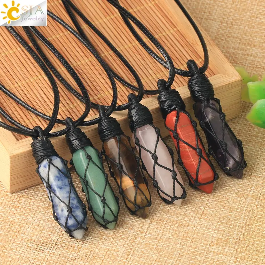 Natural Stone Rope Wrap Necklace Hexagonal Crystal Necklaces
