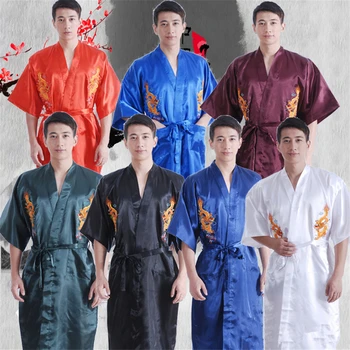 

Satin Clothing Traditional Japanese Style Retro Pajamas Robes Chinese Embroidery Dragon Sleepwear Men Nightgown Dress