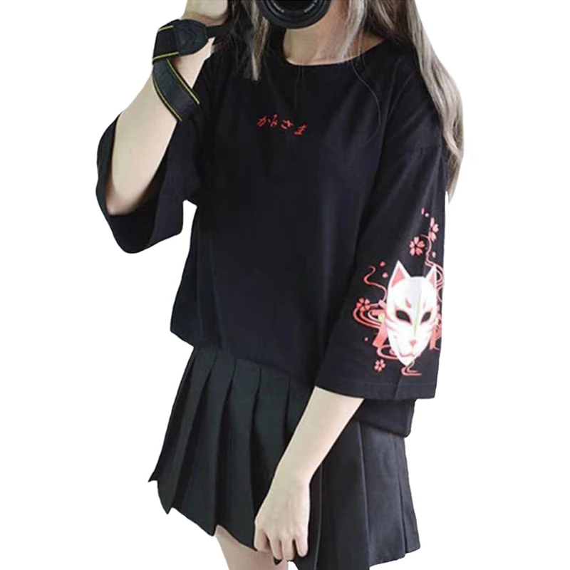 Japanese Harajuku женские футболки Винтаж принт Черная футболка сзади короткий рукав леди топы свободные футболки для девочек