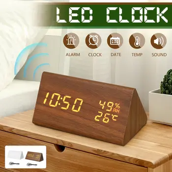 

LED Wooden Alarm Clock Digital Electronic Table Watch Voice & Touch Control USB/AAA Powered 12/24 System Clocks Table Decoration