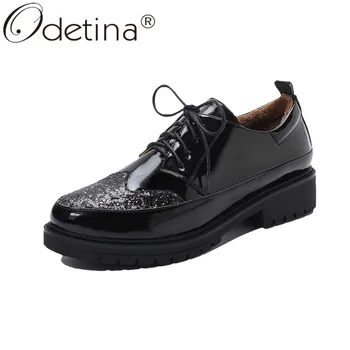 

Odetina Women Fashion Platform Patent Leather Oxfords Shoes Ladies Sewing Block Low Heel Lace Up Round Toe Glitter Derby Shoes