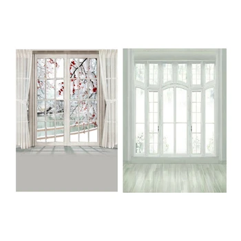 

2 Pcs Photography Backdrop: 1Pcs Blossom Flower Window Curtain Backdrop & 1Pcs European Window Floor White Art Backdrop