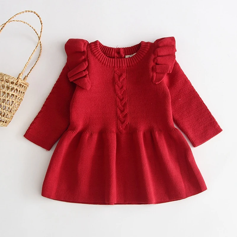 Детское платье-свитер для маленьких девочек; сезон осень-зима; Новинка; Однотонный теплый вязаный пуловер с оборками; вязаное платье; одежда для маленьких девочек - Цвет: Red
