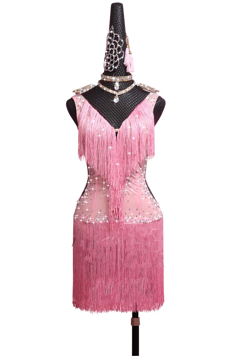 

Latin Dance Skirt New Adult Female Performing Dresses Competition Dresses tassels Skirt Sexy Hollow Barbie Pink #LD0070