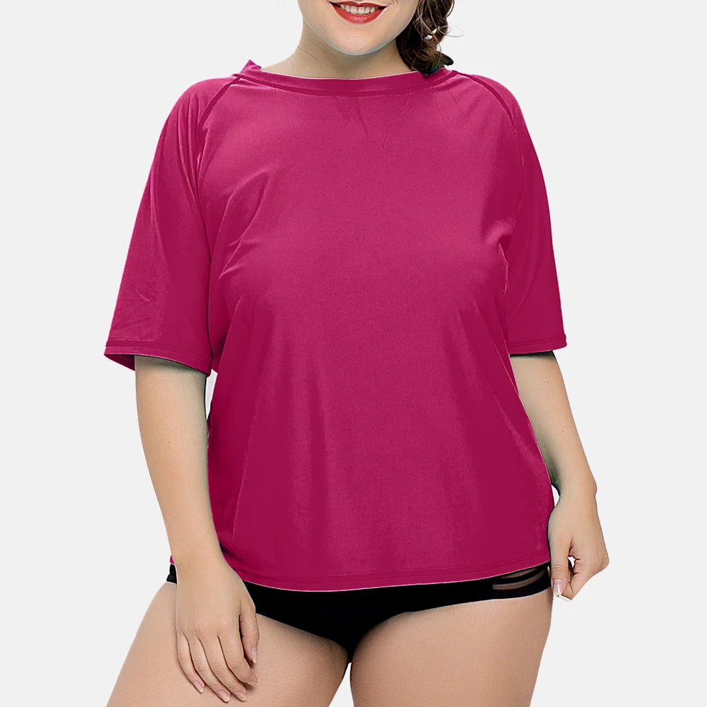 Anfilia Women's Plus Size Short Sleeve Rashguard Shirts UPF 50+ Swimwear Swimsuit UV-Protection Rash Guard Solid Beach Wear