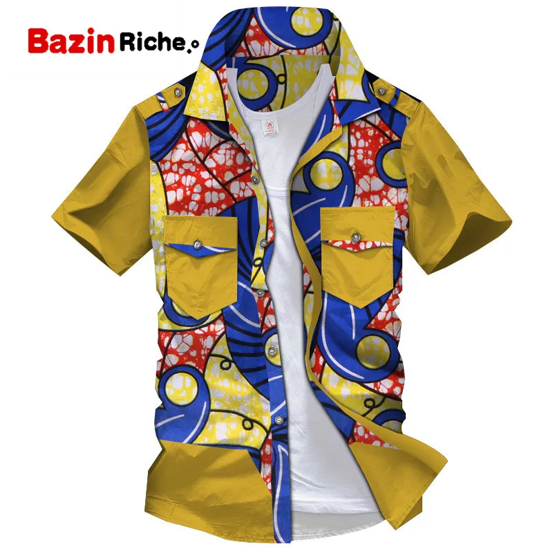 Дашики Мужская Топ рубашка Bazin Riche африканская мужская одежда хлопок Печать Лоскутная Кнопка Топ рубашка мужская африканская одежда WYN894