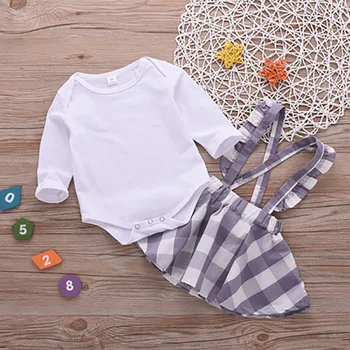 

Baby Girls Sets 2020 Spring Autumn Cotton Long sleeve Jumpsuit+Strap Plaid Skirt 2Pcs Toddler Kids Clothes