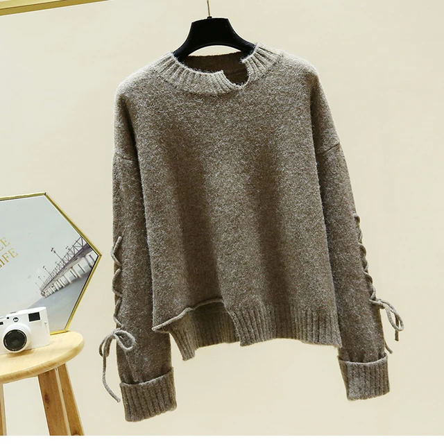 Женский вязаный пуловер на шнуровке плотный свитер с круглым