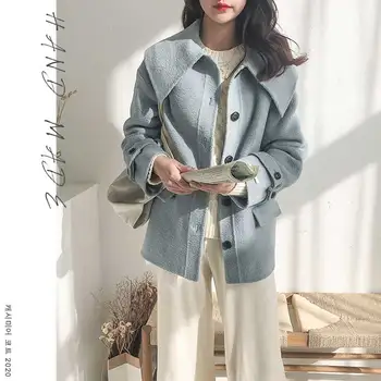 

Women's Spring Winter Hand Made Two-sided 100% Wool Coat Short Wide lapel Mint Green Cashmere Coat Big Pocket