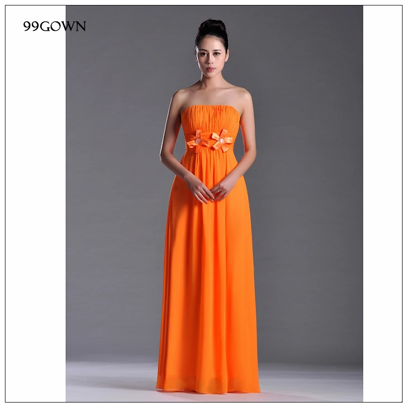 99GOWN свадебное платье гость Простые оранжевые длинные гофрированные шифоновые платья подружки невесты свадебное платье с открытыми плечами