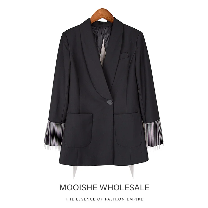 

2019 Spring New Personality Open Back Irregular Chain Design Tassel Decoration One Button Blazer Jacket