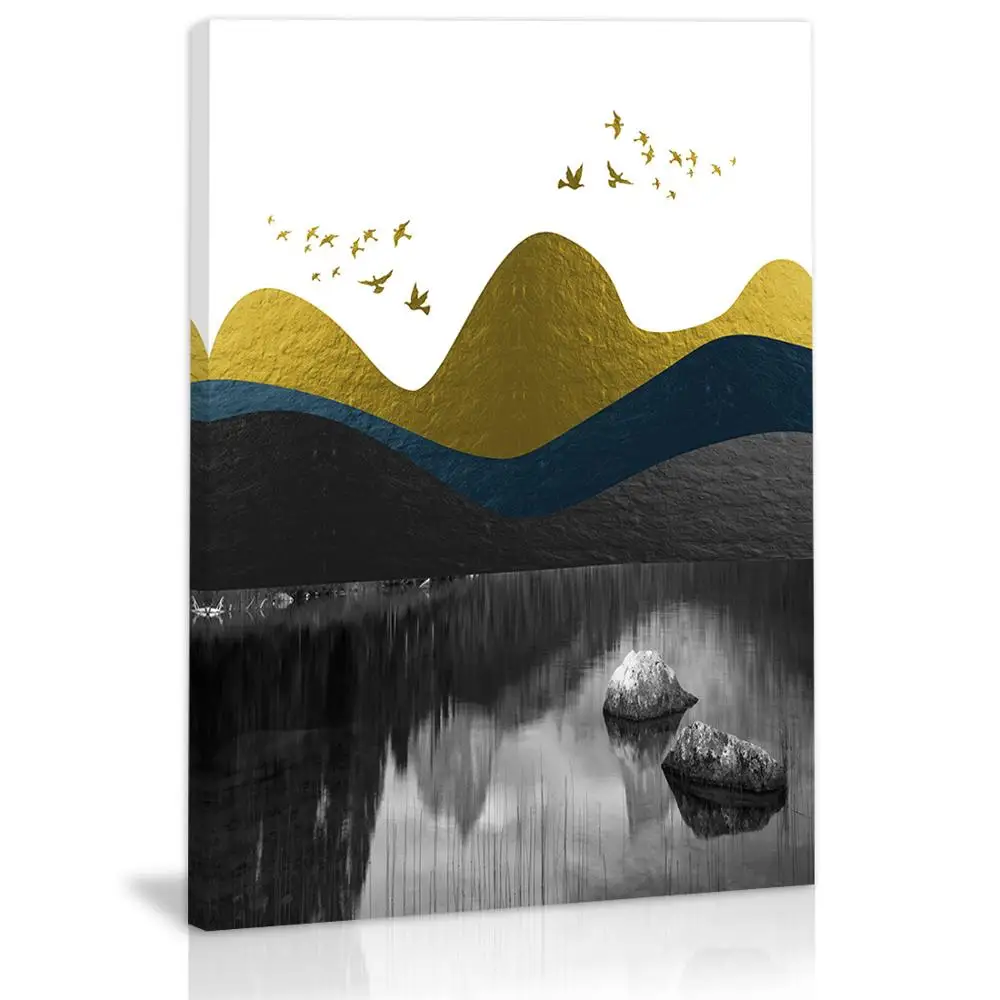 

Modern Abstract Lake Mountain Wall Art Decor Black and White Golden Canvas Painting Kitchen Prints Pictures for Home Living Room