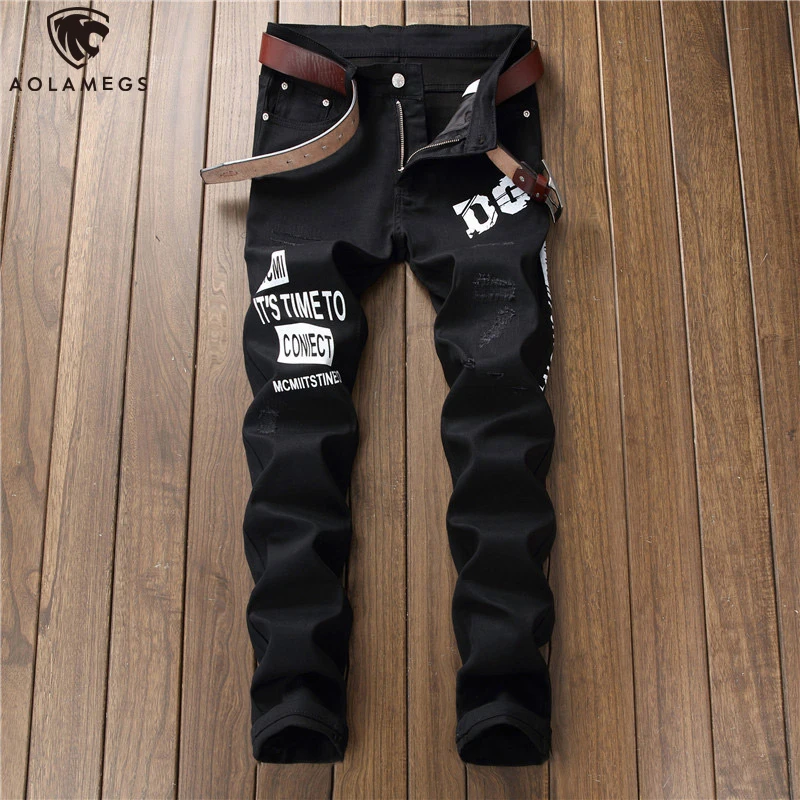 

Aolamegs Jeans Men Hip Hop Letter Printing Solid Color Denim Pants Casual Slim Fit Trousers All-match Simple Fashion Streetwear