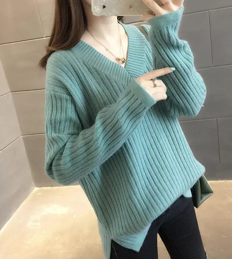 Осенне-зимний свитер с v-образным вырезом Женский облегающий эластичный вязаный мягкий полувер свитер женский корейский Модный пуловер Хаки бежевый - Цвет: Зеленый