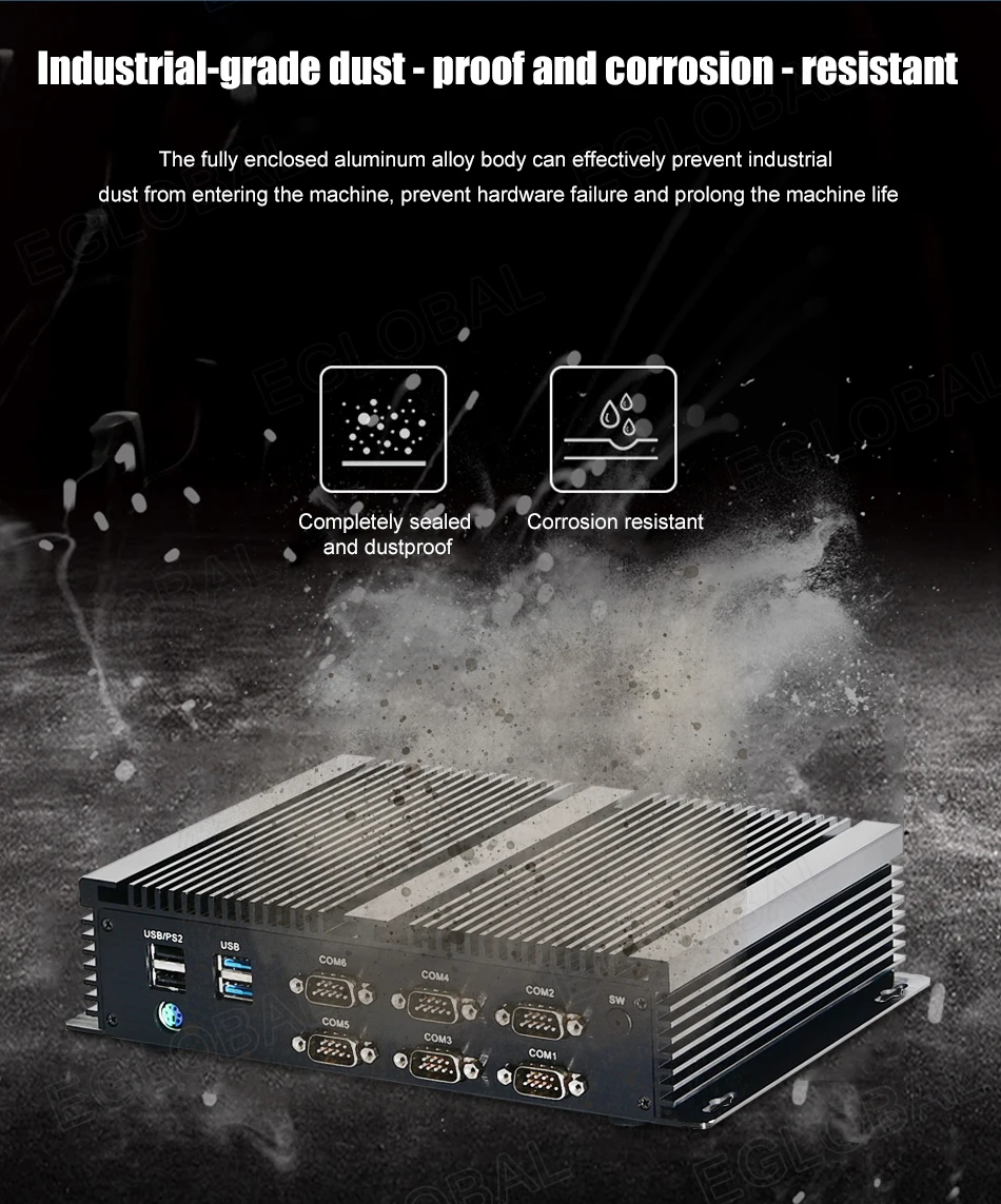 Elevate Your Operations with the Eglobal Industrial Fanless Mini PC - 6 COM, 2 LAN, Windows/Linux, Barebone System. Experience 7/24 Hours Working, 4 USB 2.0, 4 USB 3.0, and WIFI. Upgrade your industrial setup with this high-performance computing solution! Description Image.