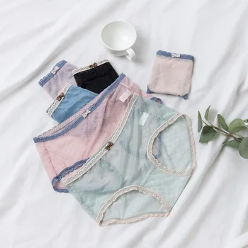 

Ice Silk Cool Mint Lightweight lingerie High elastic lace womens panties Bow Mid-Rise Cotton Briefs Checked underwear