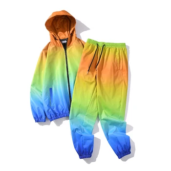 

20SS Colorful Gradient Two Piece Set Men and Women Windbreaker Hooded Jacket & Drawstring Loose Pants Tracksuit Harajuku