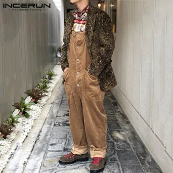 

INCERUN 2020 Men Corduroy Jumpsuits Solid Bib Pants Loose Pockets Casual Suspenders Button Overalls Streetwear Men Rompers S-5XL