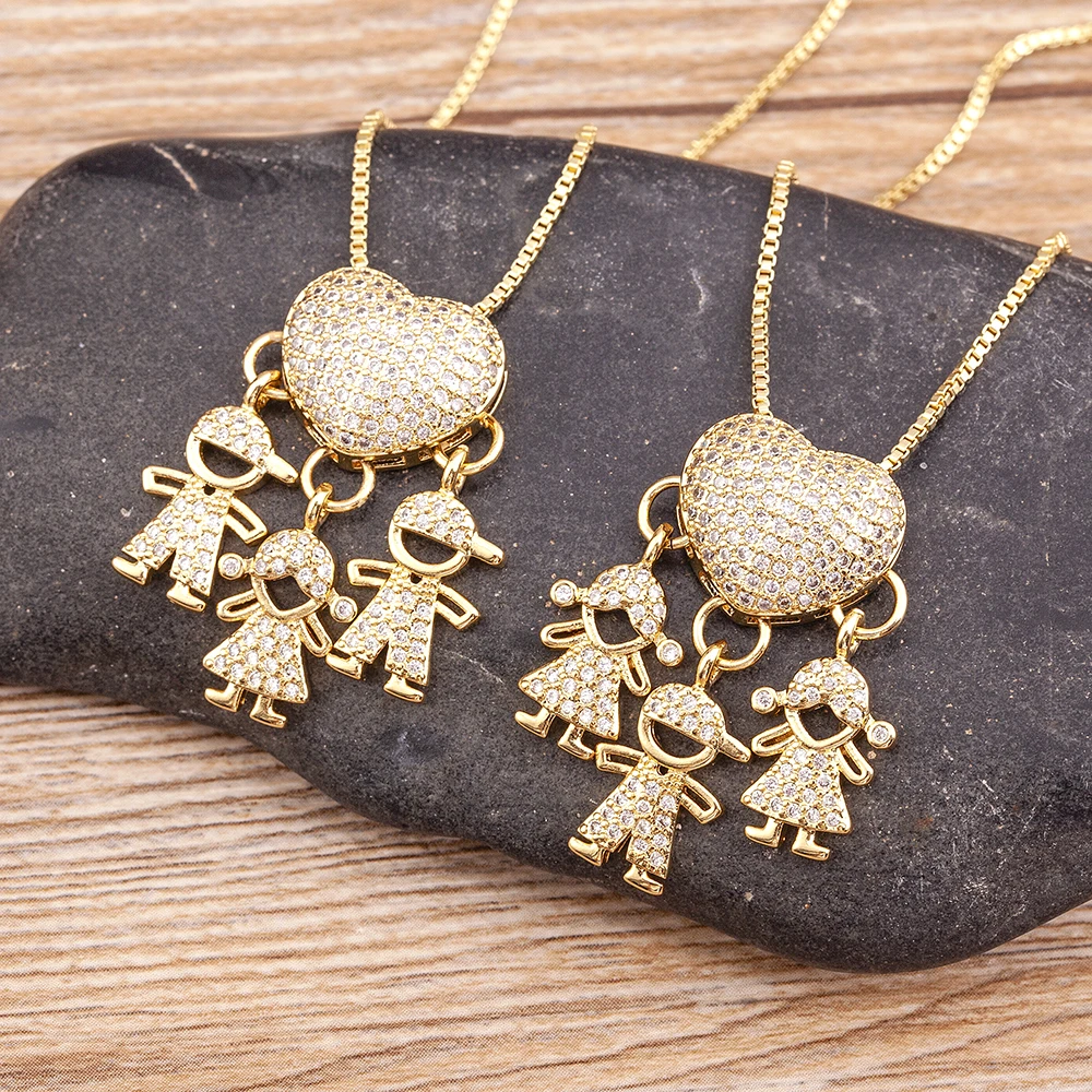 Nidin Hot Sale Son Daughter Heart Gold Color Cubic Zirconia Family Girl Boy Pendant Necklace Chain Jewelry For Mother Gift