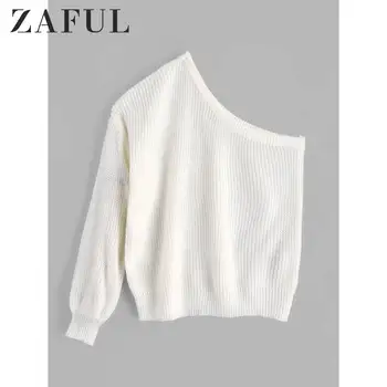 

ZAFUL Autumn knitted Solid sweater women tops skew collar off one shoulder single lantern sleeve chic lady Casual loose sweater