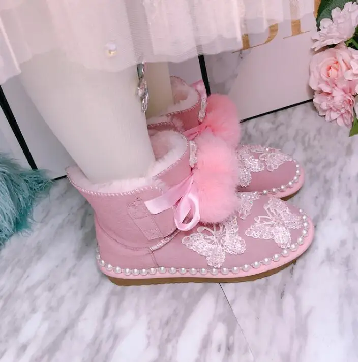 Hair ball snow boots heavy work little fairy butterfly embroidery short tube big cotton boots winter new pink