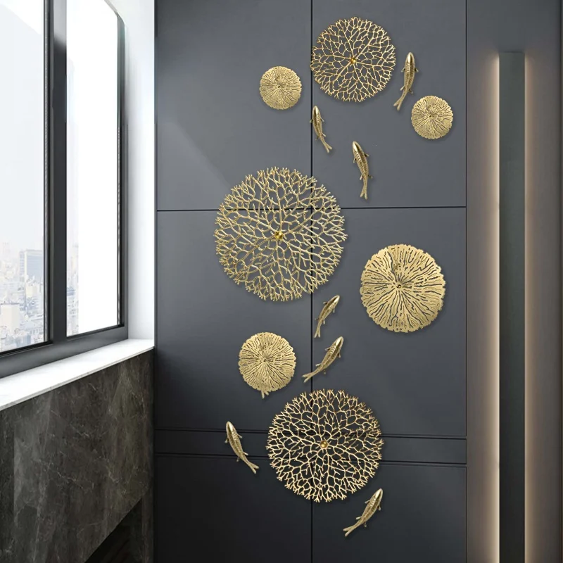 Brass Golden Fish Coral Lotus Leaf Wall Hanging 3D Metal Pendant Room Decor Copper Carp Wall Hanging Luxury Bedroom Decoration 2