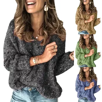 

Casual Women Autumn Winter Solid Color V Neck Long Sleeve Knitwear Warm Sweater