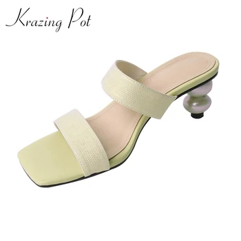 

Krazing pot new simple style full grain leather gingham beauty lady square toe women summer sandals slip on med strange heel L11