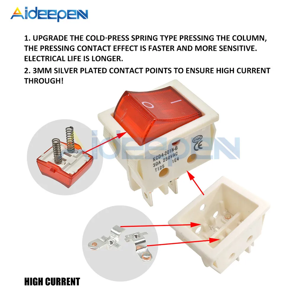 KCD4 высокий ток кулисный переключатель питания 2 положения ВКЛ-ВЫКЛ 4 штифта 6 штифтов электрооборудование с светильник переключатель 30A 250 В