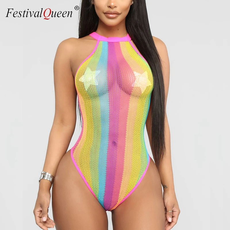 Mesh Bright Stripes Print Bodysuit O Neck See Through High Cut Bodycon Overalls Harajuku Sexy Women Night Party Beach Jumpsuits Mesh Bright Stripes Print Bodysuit O Neck See Through High Cut Bodycon Overalls Harajuku Sexy Women Night Party Beach Jumpsuits