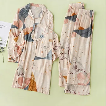 

Short-sleeved Cardigan Tops with Long Trousers Starry Sky Printed Women Pajamas Set Home Pijama Mujer Female Pajama Set