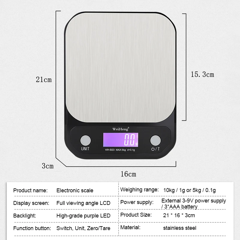 고정밀 백라이트 전기 저울, 스테인리스 스틸 계량 주방 저울, 3-9V USB 충전, 3kg, 5kg, 10kg, 0.1g, 1g