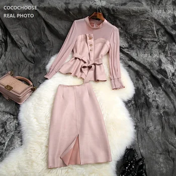 

Women suede two piece set office OL new 2019 autumn winter turtleneck patchwork sexy tops + pencil skirts suits blue beige pink