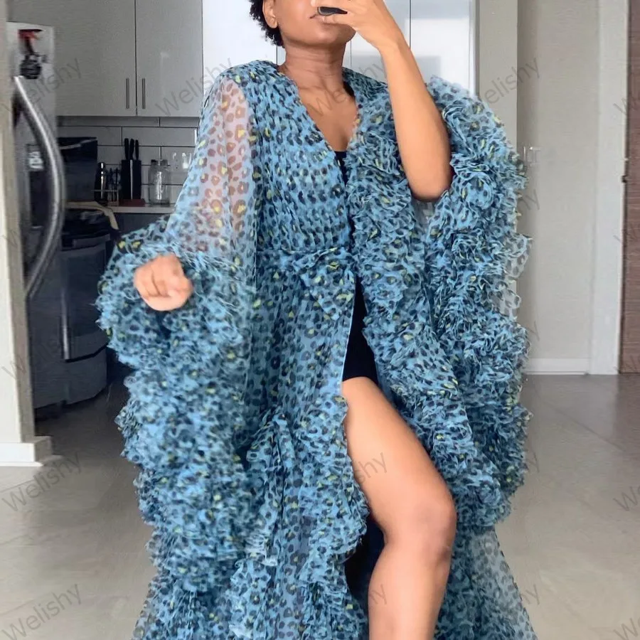 New Arrive Blue Leopard Tulle Robes Women Tiered Ruffle Tulle Dress For Maternity Women Photo Shoot Robe Custom Made Plus Size
