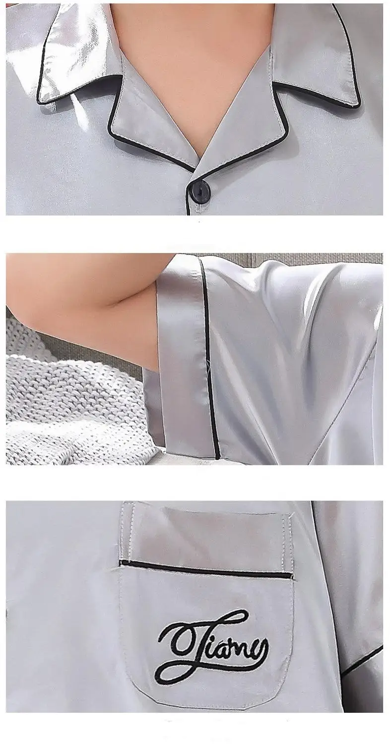 Men's Stain Silk Pajama Set Summer Short T-shirt & Pants Elastic Waist Male Pajamas Modern Style Soft Cozy Satin Nightgown Men's Stain Silk Pajama Set Summer Short T-shirt & Pants Elastic Waist Male Pajamas Modern Style Soft Cozy Satin Nightgown
