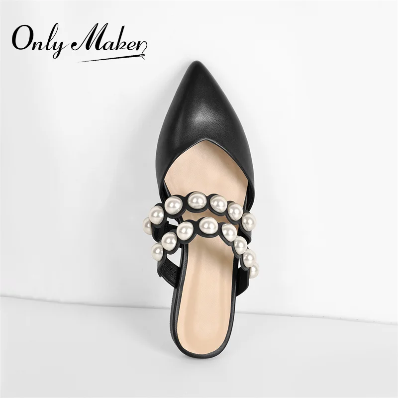 

Onlymaker Pointed Toe Black Matte with White Pearl Stone Strap Flat Pumps
