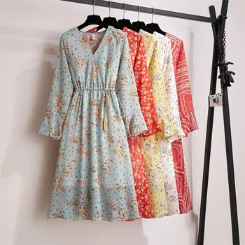 

Spring Summer Chiffon Dress Women Knee Length V-Neck Print Dresses Sweet Full Sleeeve Slim New Casual Drawstring Women Dress