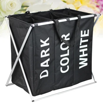 

Dirty Clothes Storage Basket Three Grid Organizer Basket Collapsible Large Laundry Hamper Oxford Cloth Home Laundry Basket (Blac