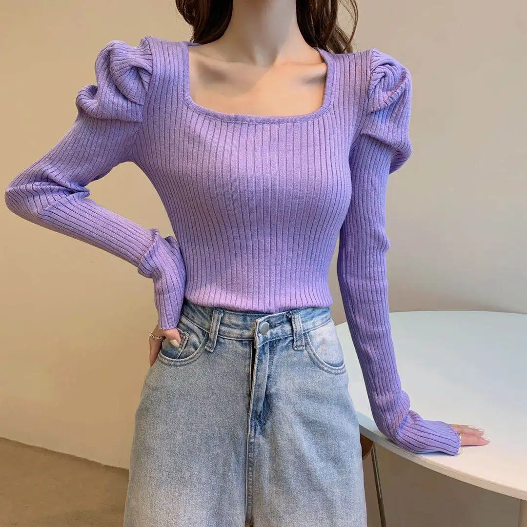 

Vintage Puff Long Sleeve Square Collar Knitted Sweater Pullovers Girls Solid Stretchy Streetwear Tops Knitwear For Women