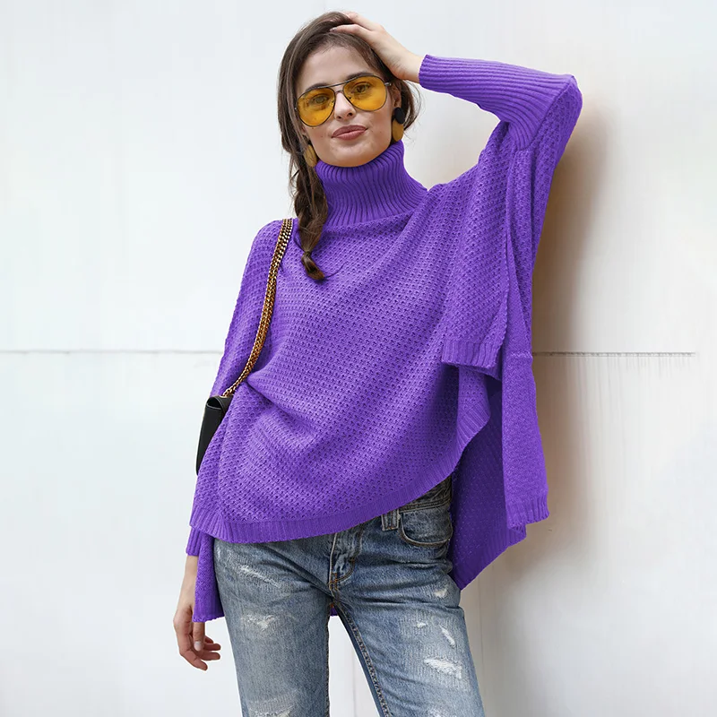 Purple Knit Sweater Women Knitted Sweater Turtleneck Pullover Long Sleeve Split Irregular Solid Loose Jumper female Knitwear Pink Black - Цвет: Purple