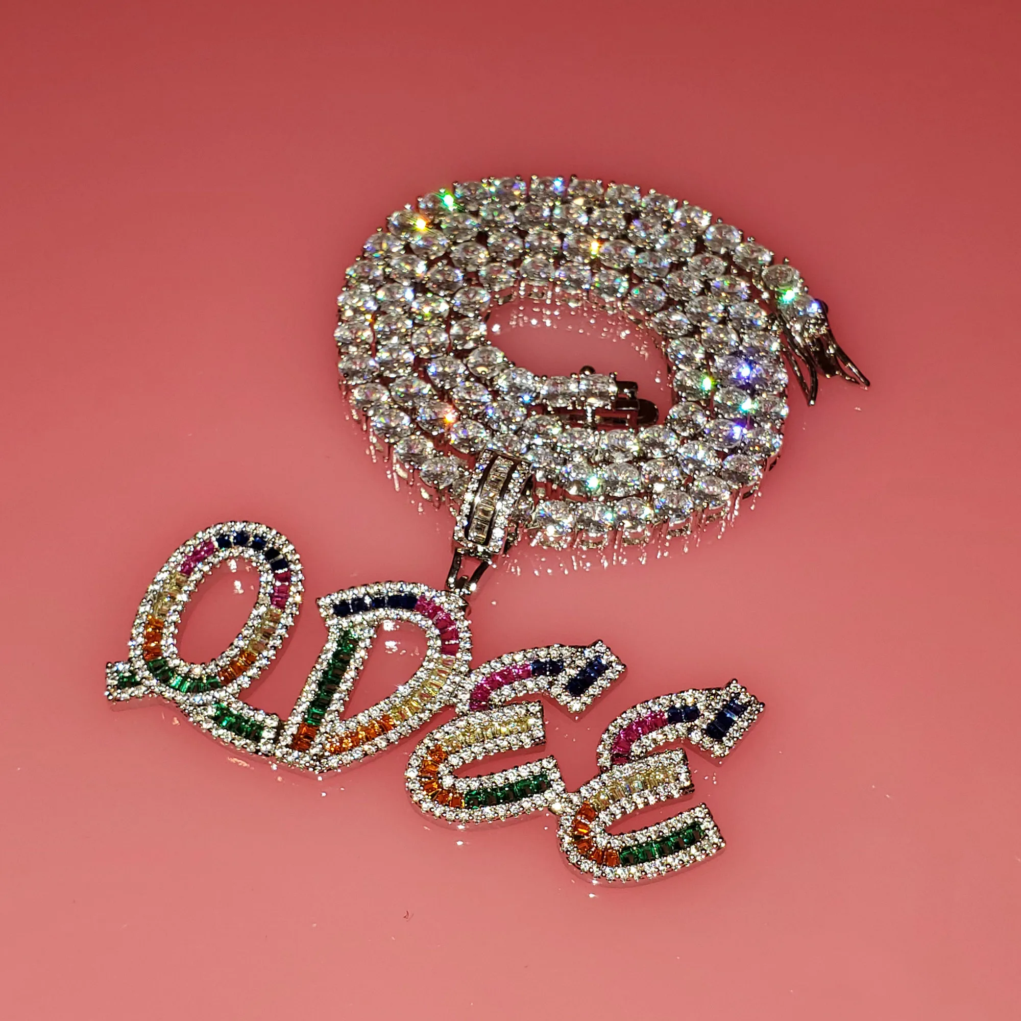 Custom Name Colorful Icy Letters Pendants Necklaces Women's Nameplate With Tennis Chain Personalized Birthday Gifts for Her