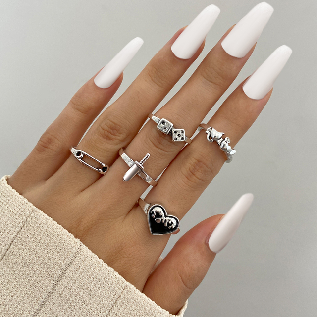Silver Plated Angel Wings Ring for Womens Gothic Punk Steampunk Heart Butterfly Skull Ring Sets Party Jewelry 2021