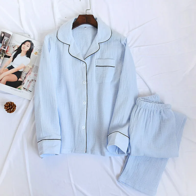 Темно-синий Crape хлопок с длинными рукавами Пижамный комплект для женщин осень зима чистый цвет пижамы Mujer пижамы женские повседневные Indoorwear